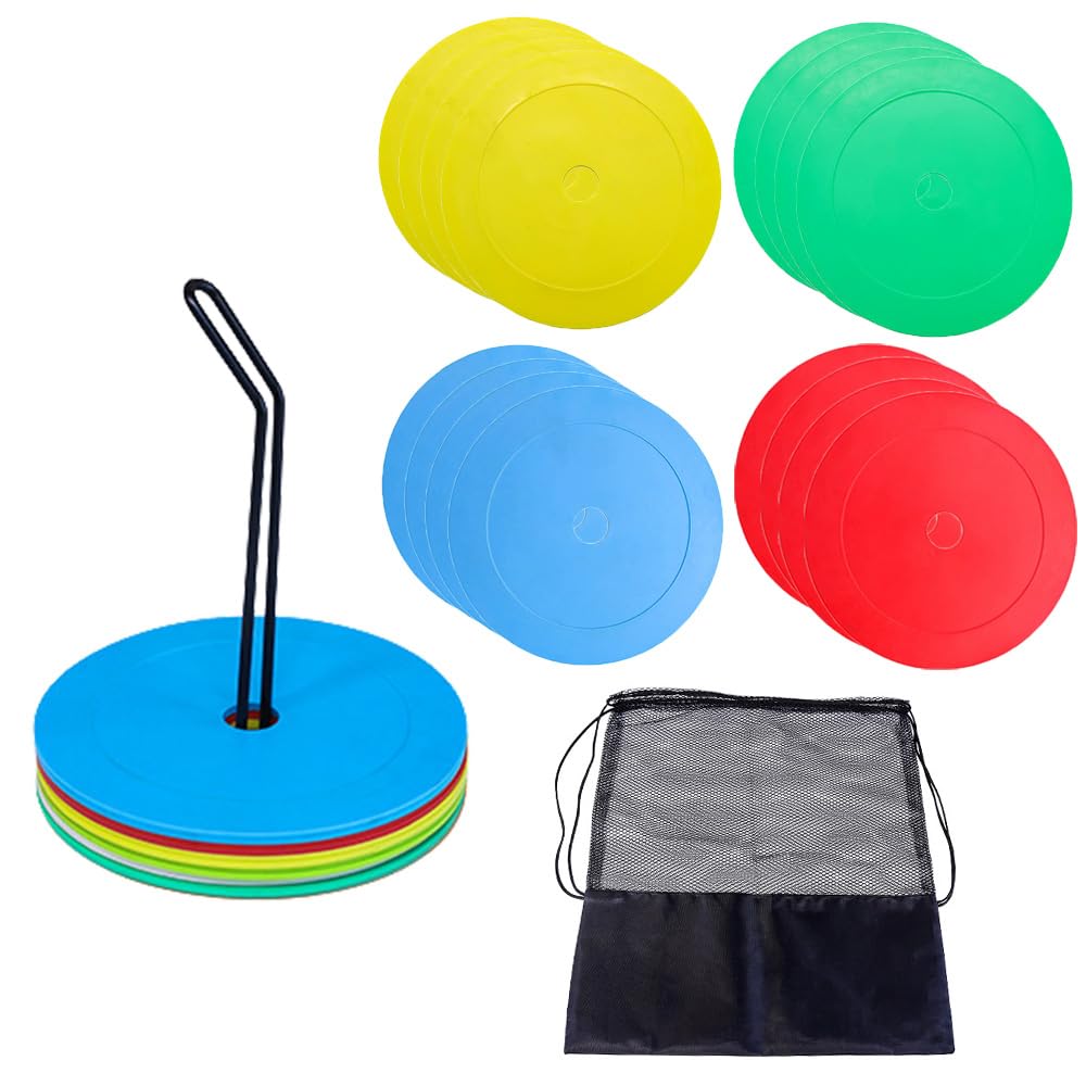 

16 Flat Markers in 4 Colors, Perfect for Soccer, Futsal, and Indoor Use, with Non-Slip Surfaces, Includes Stand and Mesh Bag