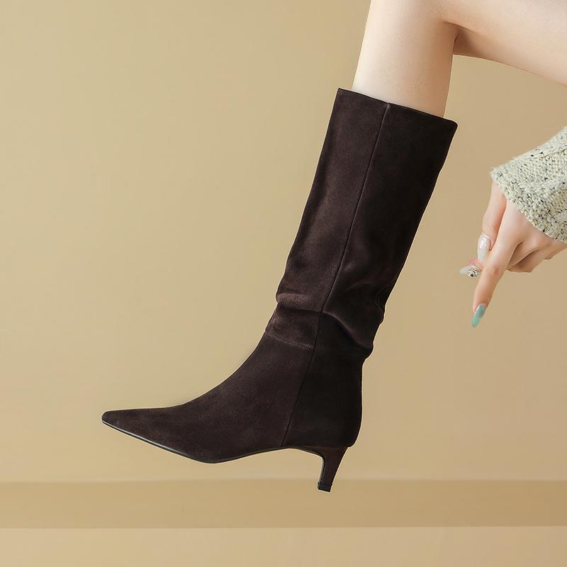 Fashion 2025 New Trend Natural Cow Suede Women Shoes Autumn Winter Slip-On Boots Burgundy High Chunky Heels Pointed Toe Knee High Boots
