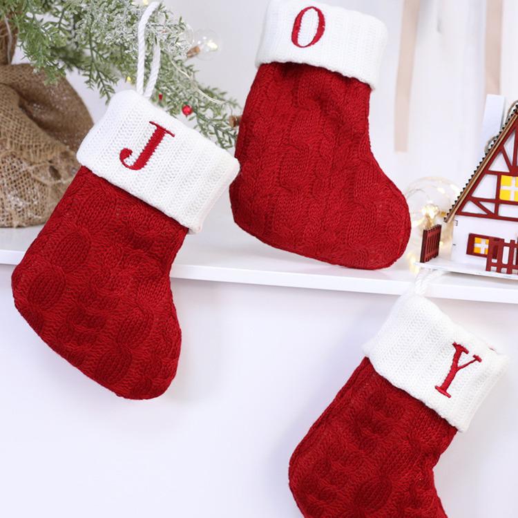 26-Letter Knitted Red Christmas Stockings - Festive Holiday Hanging Decorations