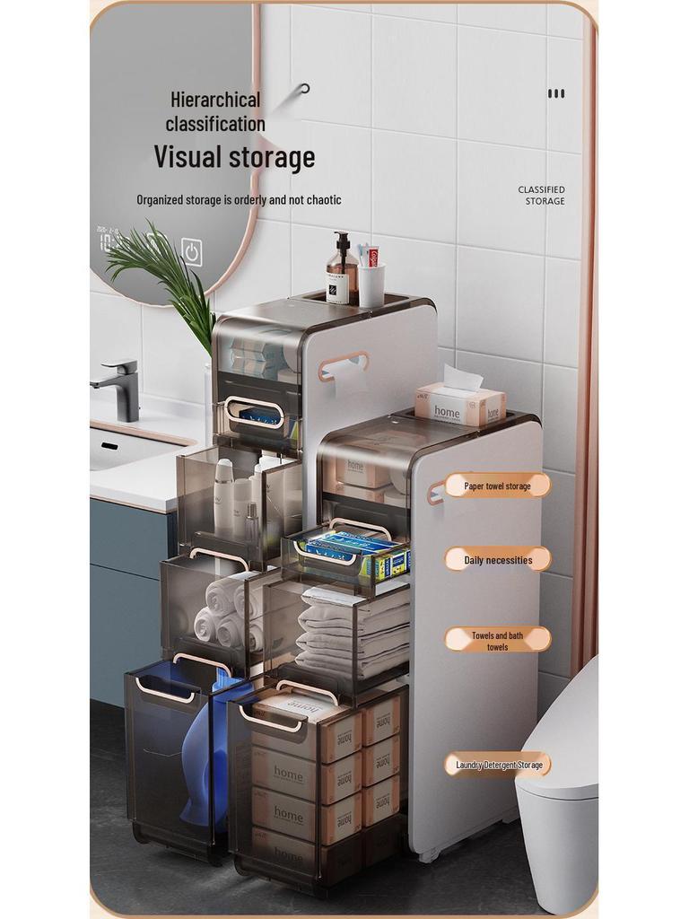 Luxury Bathroom Crevice Storage Rack Trolley - No Installation Required, Floor-Standing Cabinet.