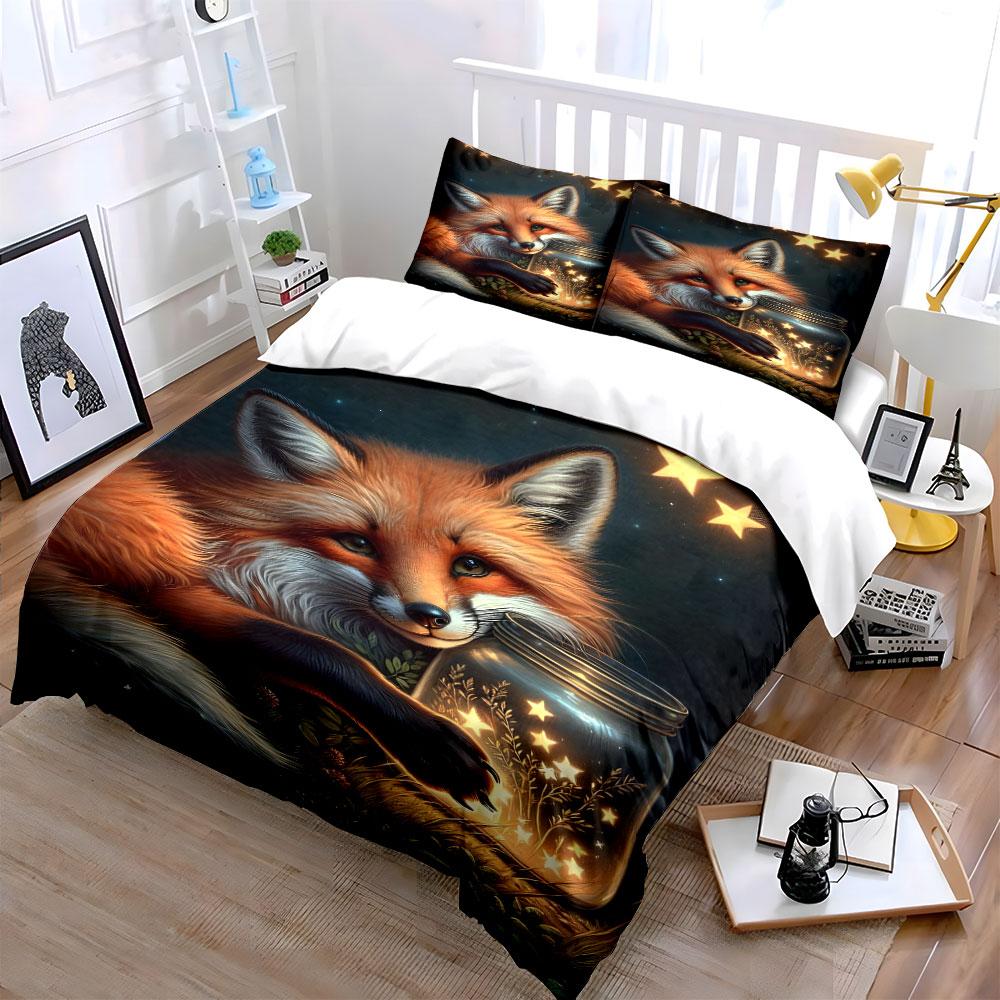 Gentle Fox Cuddling a Starlight Jar Print Soft Comfortable Duvet Cover Bedding Set Included 1*Duvet Cover 2*Pillowcases