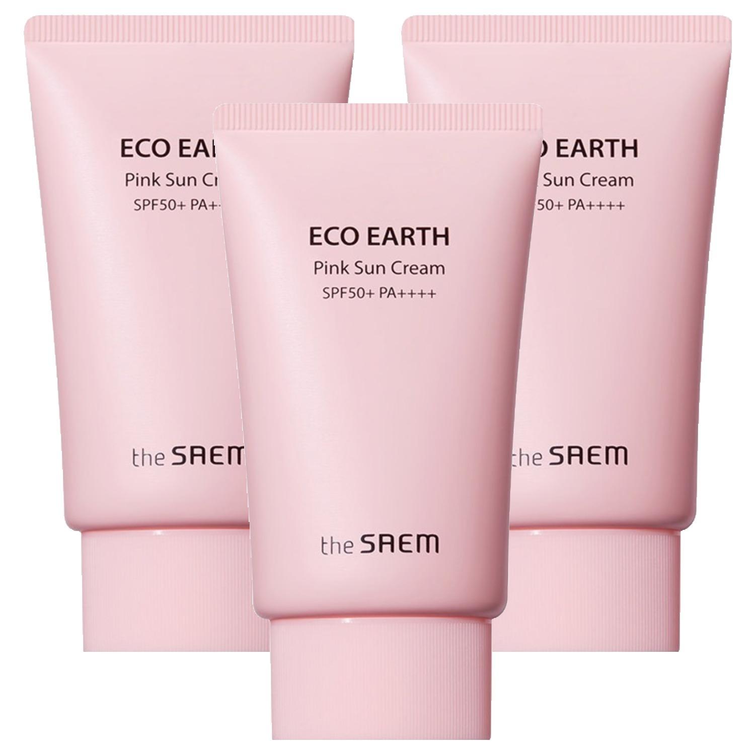 The Saem Eco Earth Pink Sun Cream (Set of 3) - SPF50+ PA++++ Calamine Soothing & Tone-Up Sunscreen, 50g x 3