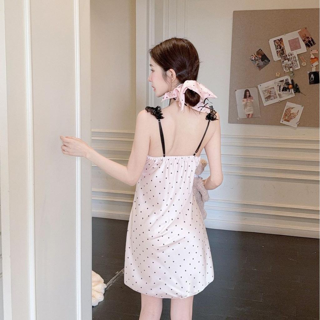 Sexy Pyjama Damen Eisseide Träger-Nachthemd Spitze Spitze Neues kurzes Kleid mit Brustpolster Loungewear erhältlich