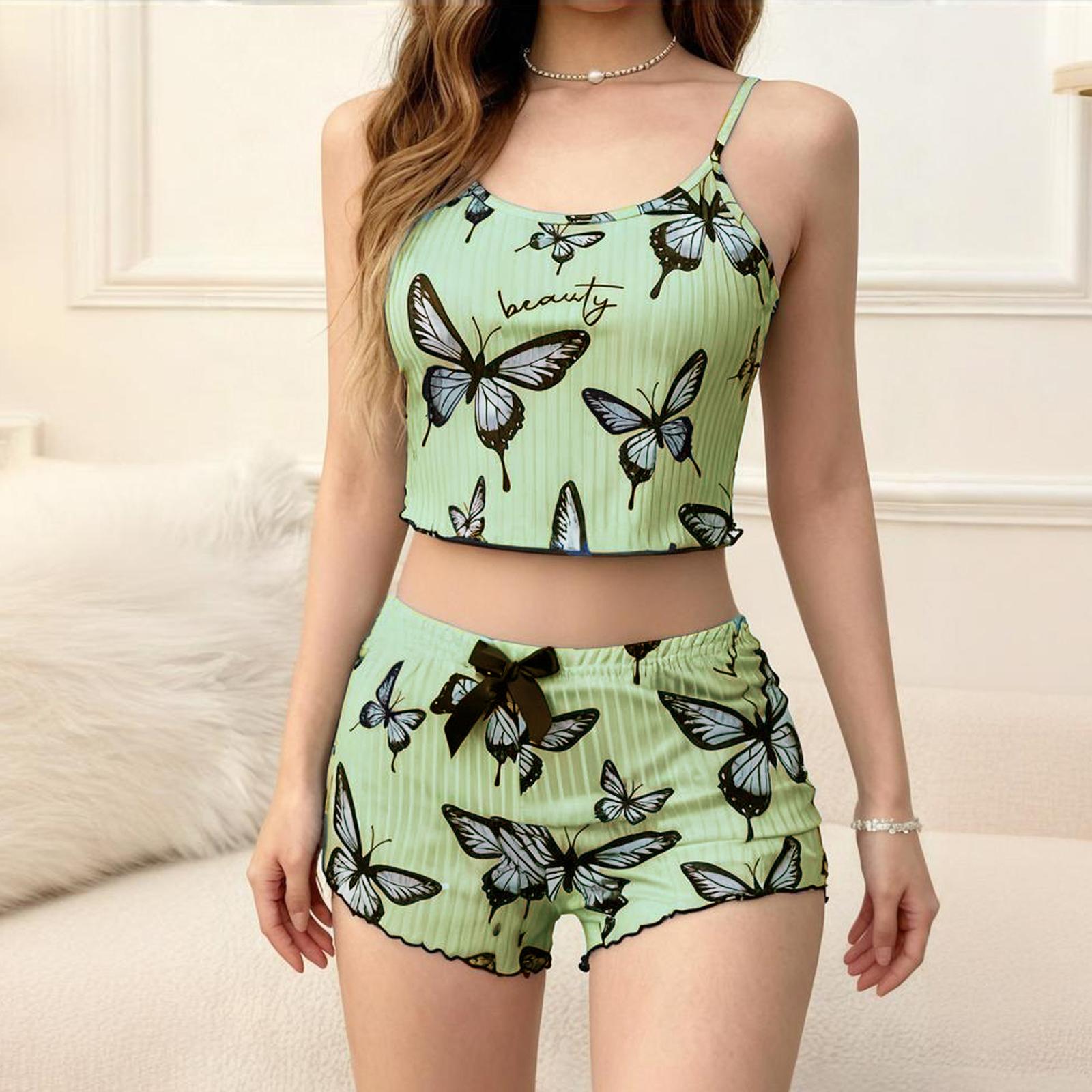 

Women Soft 2 Piece Pajamas Set Sleeveless Shorts Set Loungewear Sets Pyjamas Nightwear S зелёный