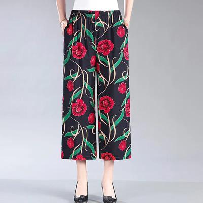 Spring Summer Fall Loose Printed Wide Leg Pants Women Large Size High Elastic Waist Casual Cotton Linen Cropped Pants