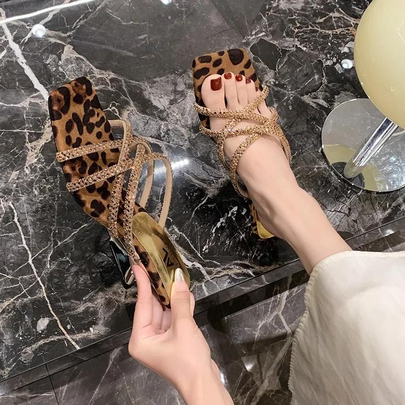 Luxury Rhinestone Women Shoes 2025 New Korean Fashion Women's Leopard Print Slippers Fashionable Outer Wear High Heel Slippers