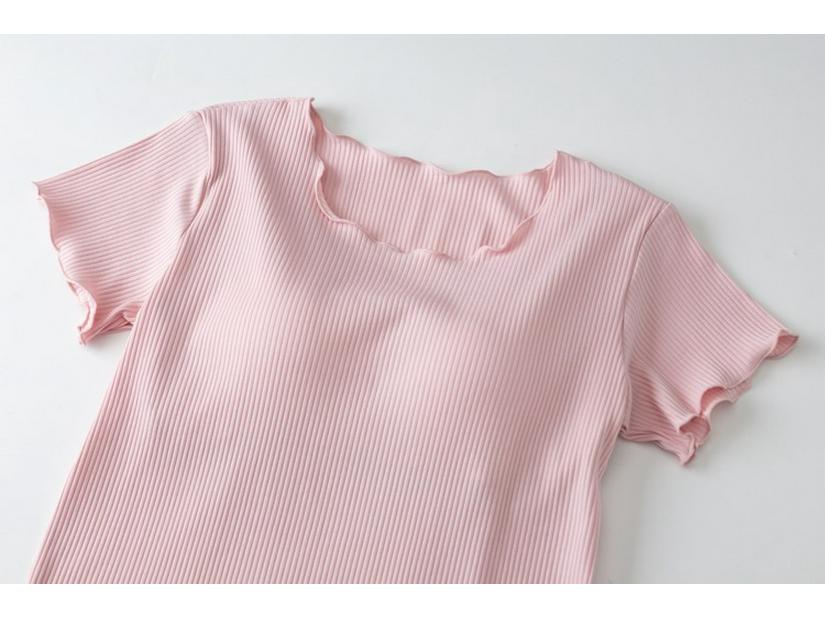 Ruffled Short-Sleeve Bra-Free T-Shirt with Integrated Breast Pads