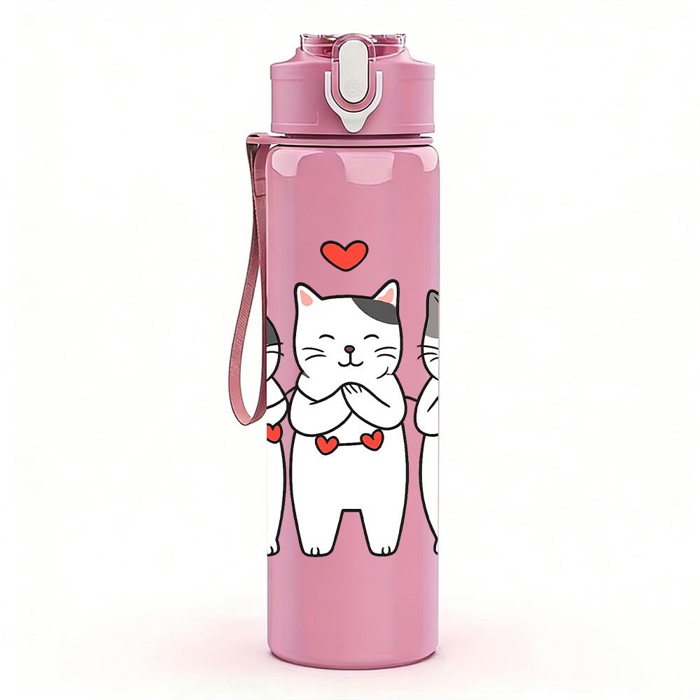 1PC Three Love Heart Cats Cartoon 750ml Color Plastic Sports Water Bottle Leakproof Flip Straw Lid Suitable for Sports Office Home Use