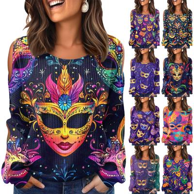 Women's Winter Oversized T-Shirt Fashionable Off-the-Shoulder Round Neck Vintage Floral Print Pullover Long-Sleeved Top