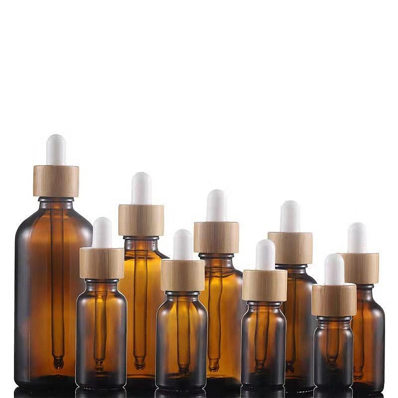5-100ml Amber Glass Essential Oil Bottle with Bamboo Wood Lid, Dropper Refillable Container for Serum