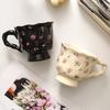 Black and White Floral Mug Ceramic Girls High Looking Coffee Couple Exquisite Afternoon Tea Cup High End Feeling Light Luxury