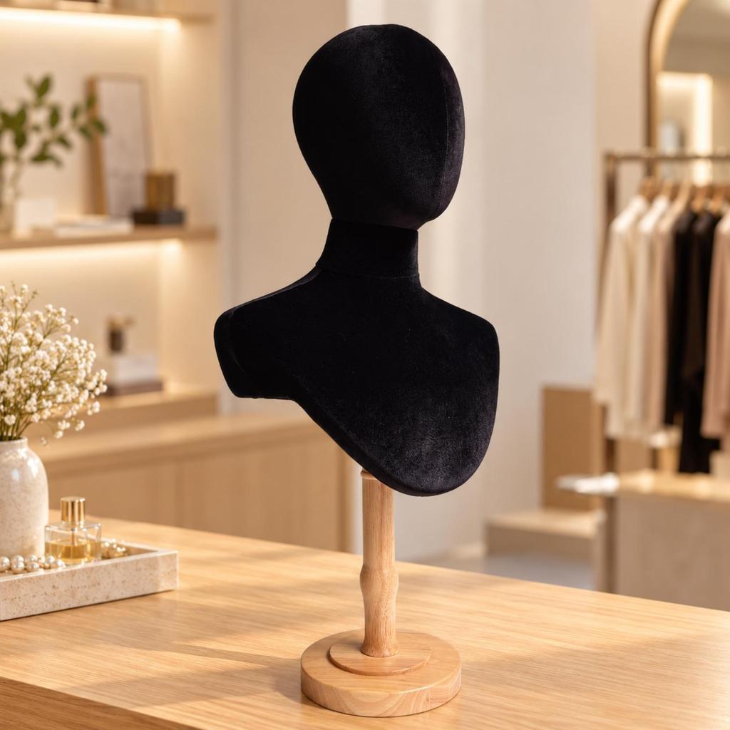HeadandChest Display Mannequin materialCovered Head with Wooden Base Compact for Boutique