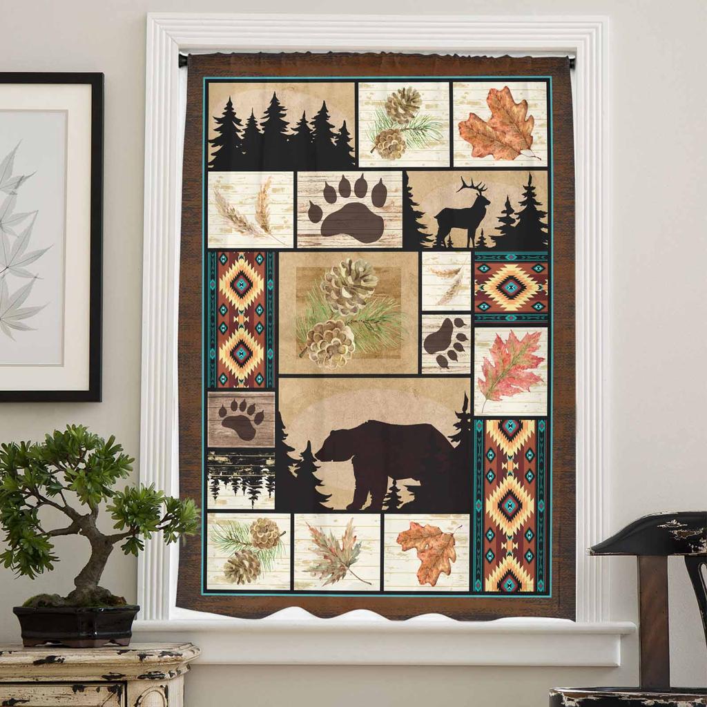 Forest Bear Deer Maple Leaf Pine Fruit Bohemian Vintage Sheer Curtains for Kids Living Room Voile Window Curtains Tulle Drapes