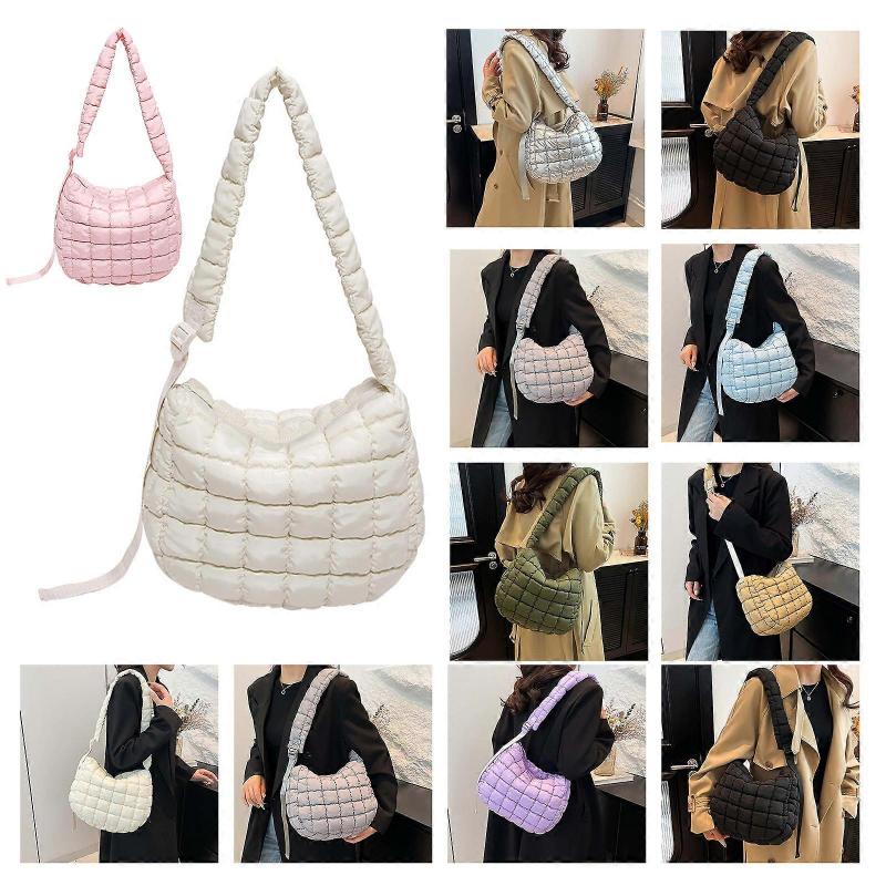 Women Quilted Puffer Shoulder Bag Lightweight Crossbody Satchel Handbag with Adjustable Strap for Travel Work Shopping  White