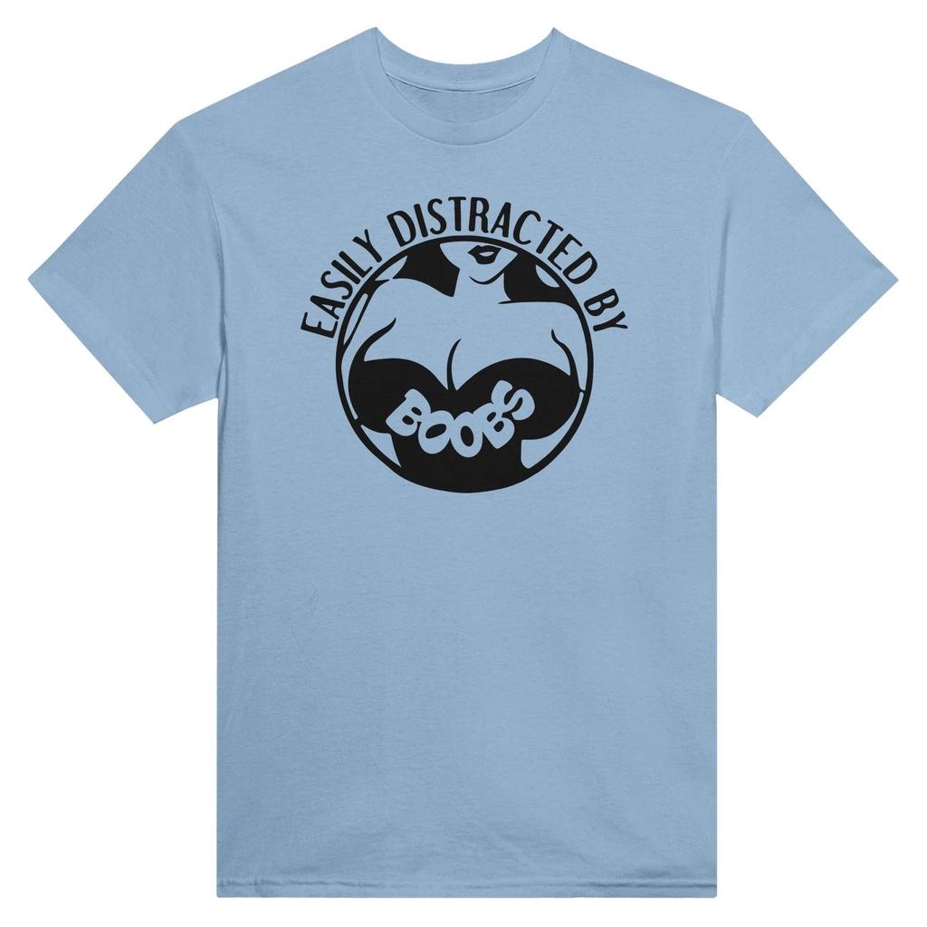 Easily Distracted by Boobs Crewneck T-Shirt - 100% Cotton, Classic Fit, Relaxed