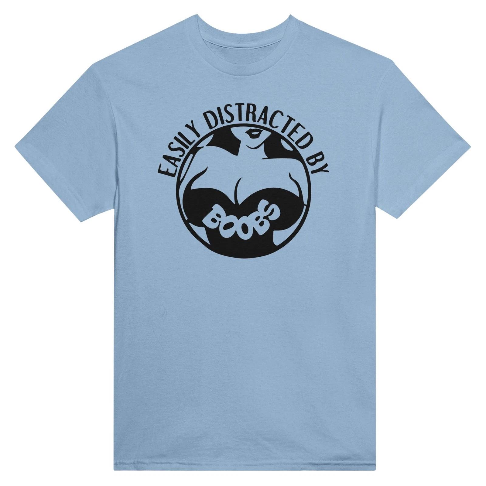Easily Distracted by Boobs Crewneck T-Shirt - 100% Cotton, Classic Fit, Relaxed XS