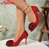 Aphixta Pink Purple Red Rose Flowers 3.94inch Stiletto Heels Pumps Women Flock Office Casual Shoes Heels Big Size 50