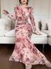 2025 Summer European & American U-Neck Long Sleeve Patchwork Slim Fit Printed Women's Dress