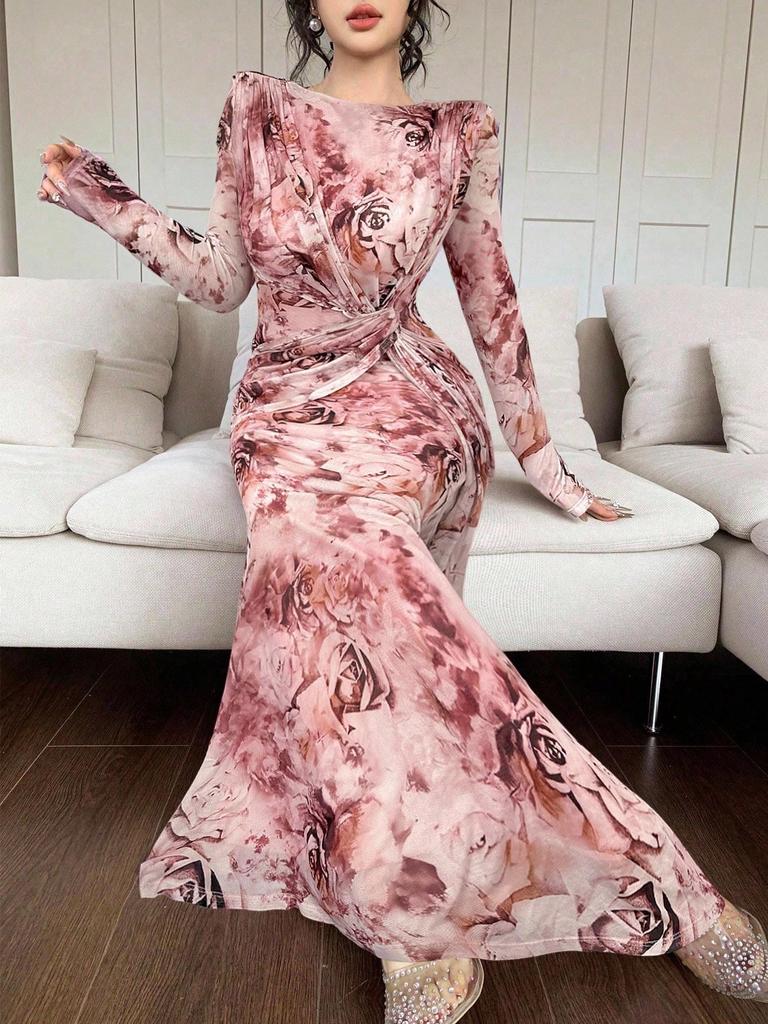 2025 Summer European & American U-Neck Long Sleeve Patchwork Slim Fit Printed Women's Dress