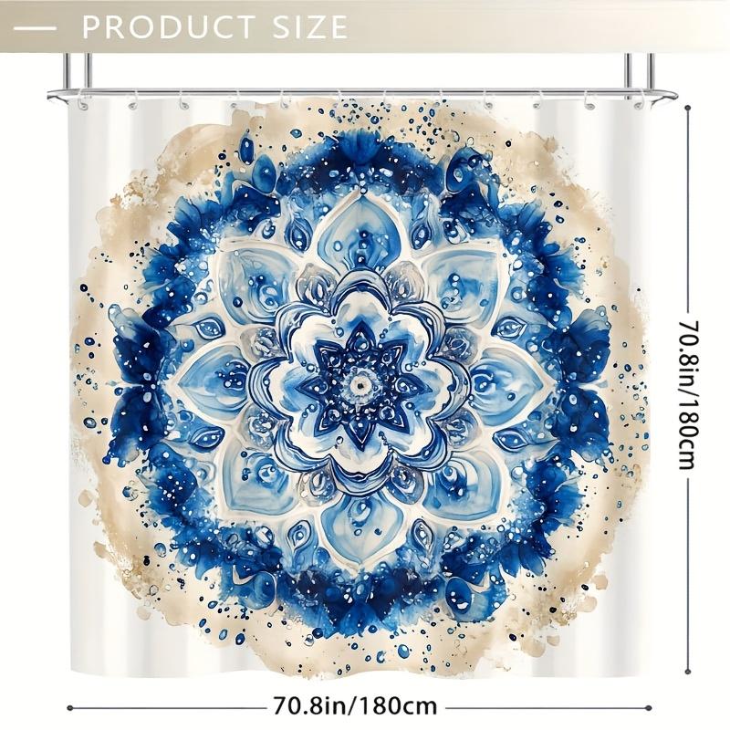 1pc Mandala Shower Curtain, Ocean Wave & Droplets, Blue & Beige, Easy-Clean Polyester, Plastic Hooks, Modern Bath Decor