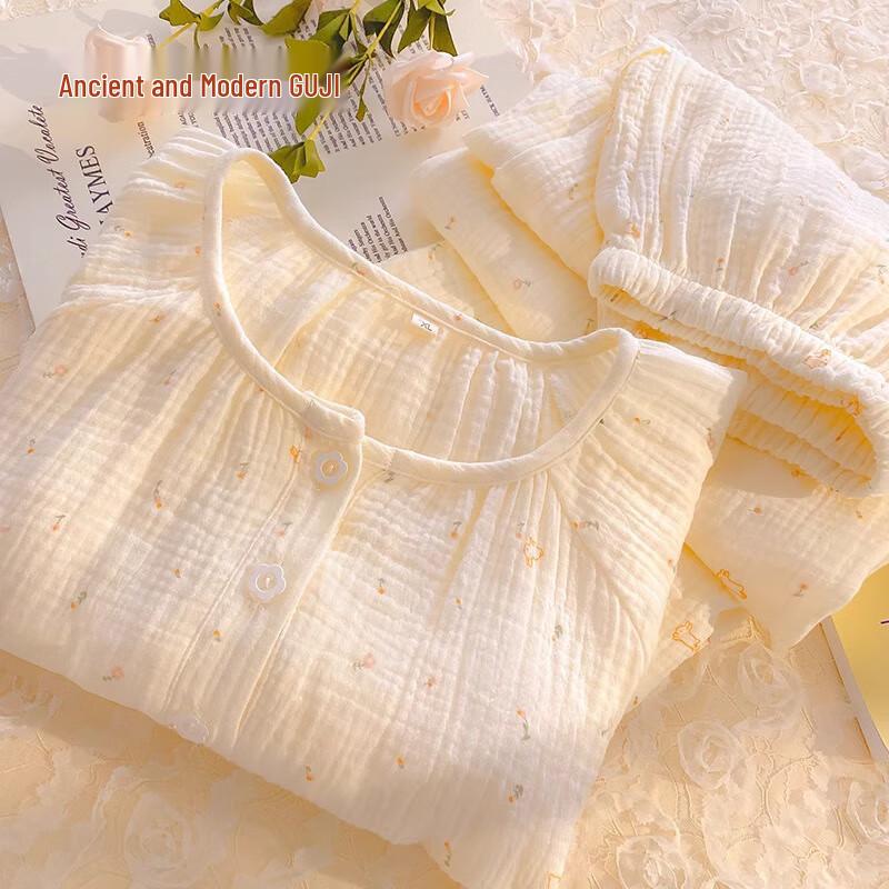 GUJIN Women s 100% Cotton Seersucker Long-Sleeve Pajama Set XL (120-140 lbs)
