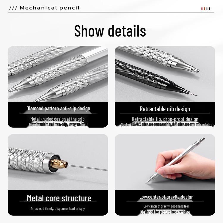 Low Center of Gravity Metal Mechanical Pencil for Professional Writing and Manga Drawing