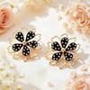 Elegant Gold Plated Floral Earrings Black Enamel White Dot Design Dainty Jewelry for Dinner Date Wear