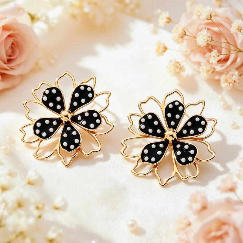 Elegant Gold Plated Floral Earrings Black Enamel White Dot Design Dainty Jewelry for Dinner Date Wear