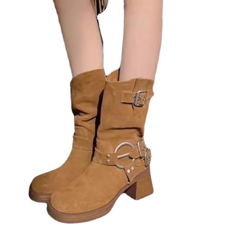 Pantofi pentru femei 2024 Country Retro Cizme cu toc înalt Cizme de damă cu cataramă din metal Design Cizme de damă la mijlocul gambei Zapatos Chunky Mujer