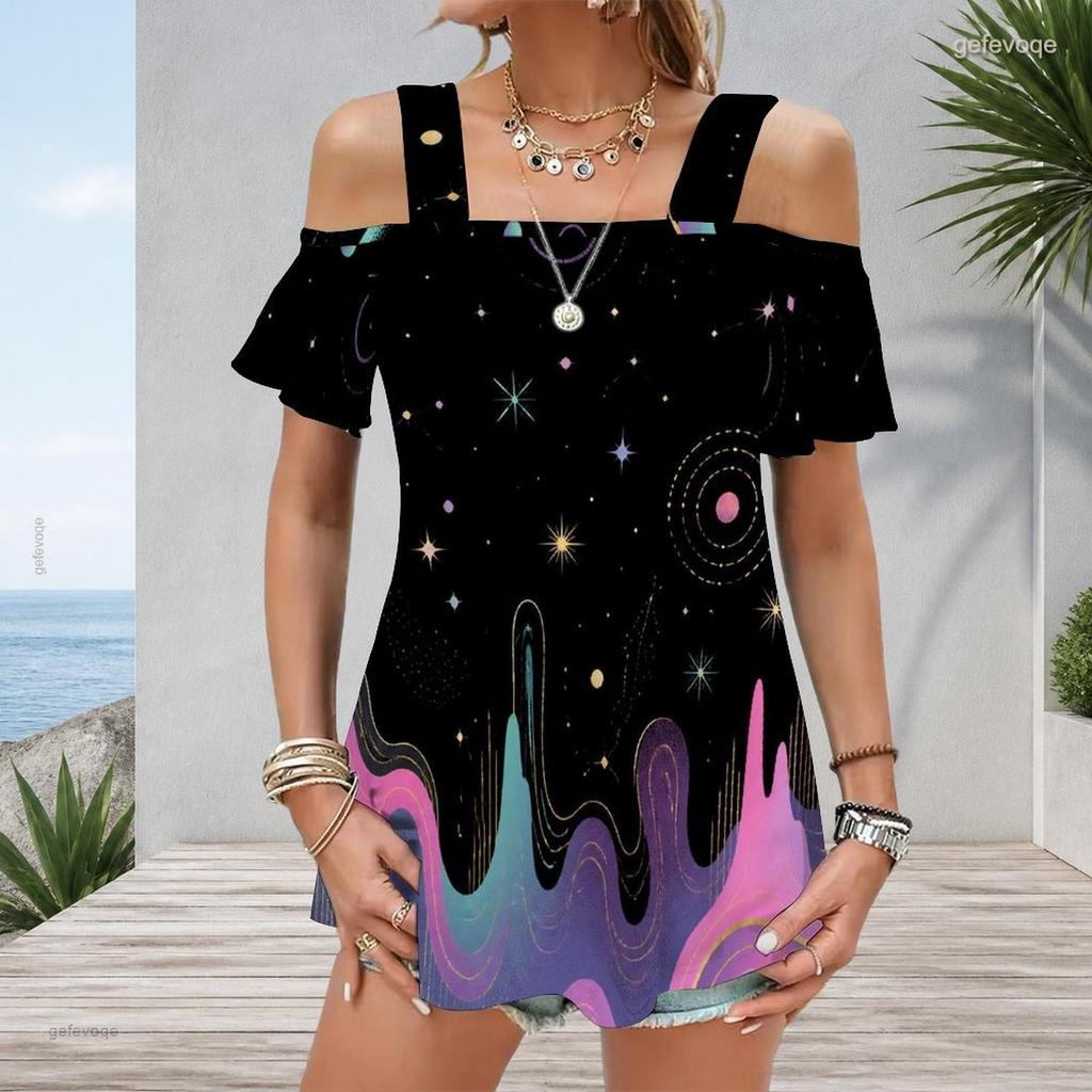 Plus Size Women Cold Shoulder Flutter Sleeve T Shirt Vintage Usa Star Stripe Brush Print Short Sleeve Top