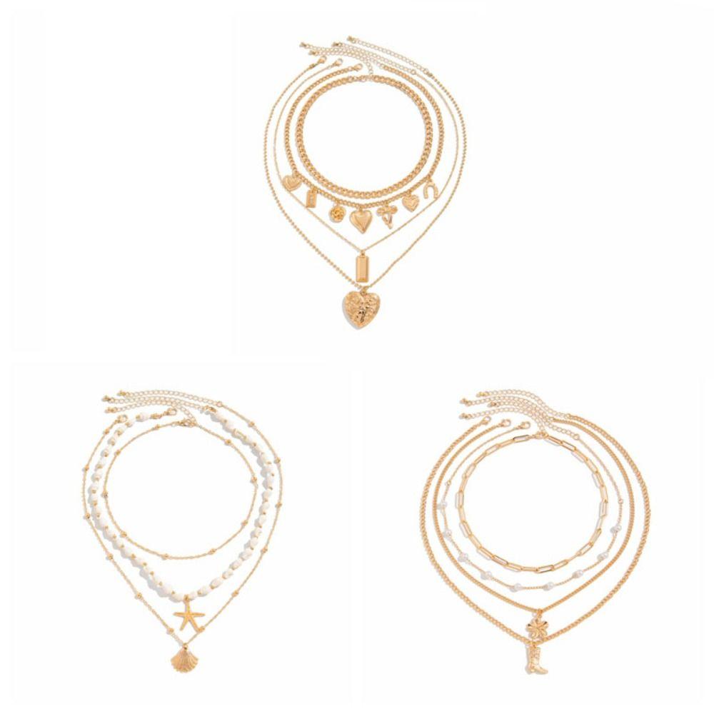 Starfish Shell Multilayer Necklace Mulitlayer Pearl Beaded Necklace Clavicle Chain Women  Beach