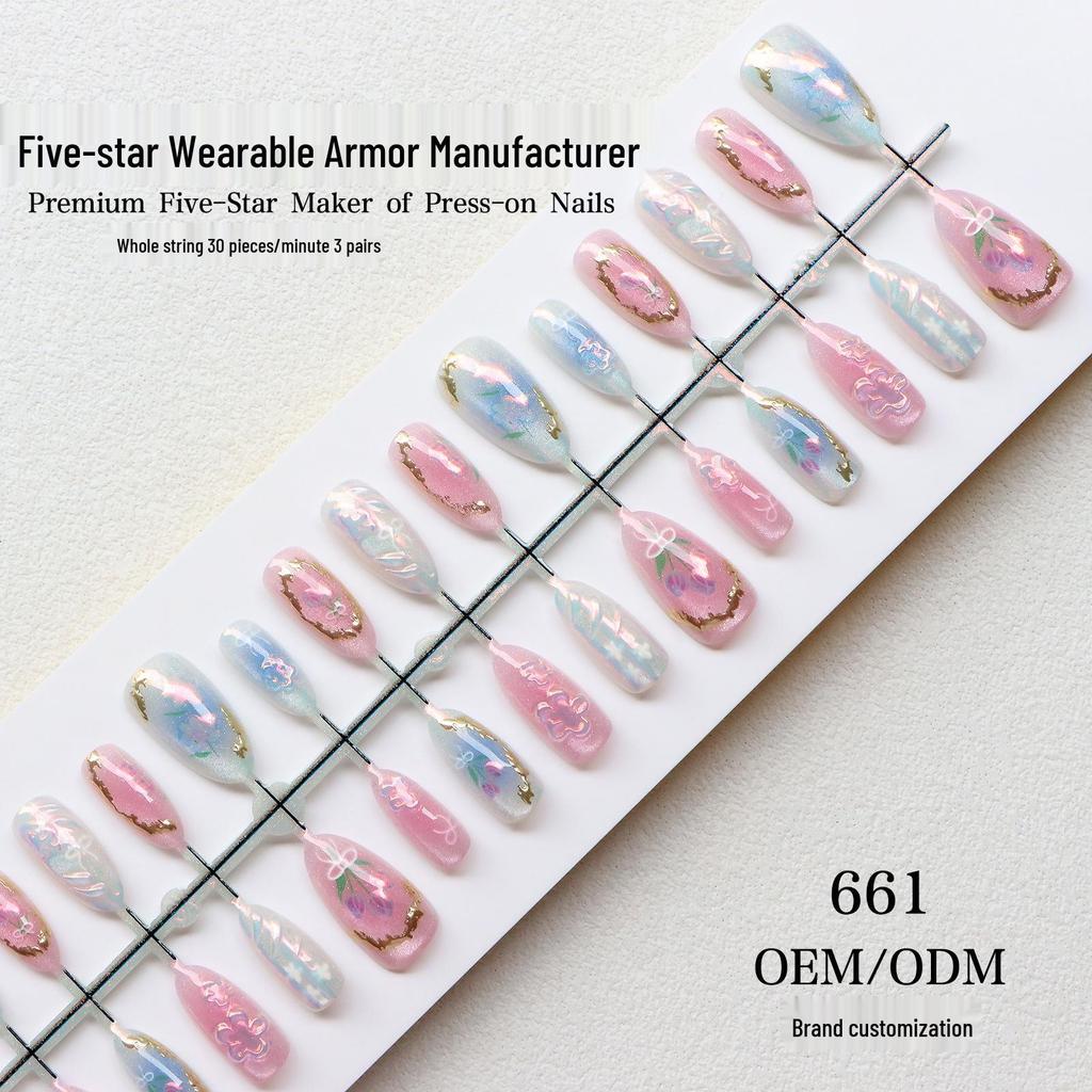 High-Grade 3D Almond Floral Press-On Nails - European & American Holiday Style