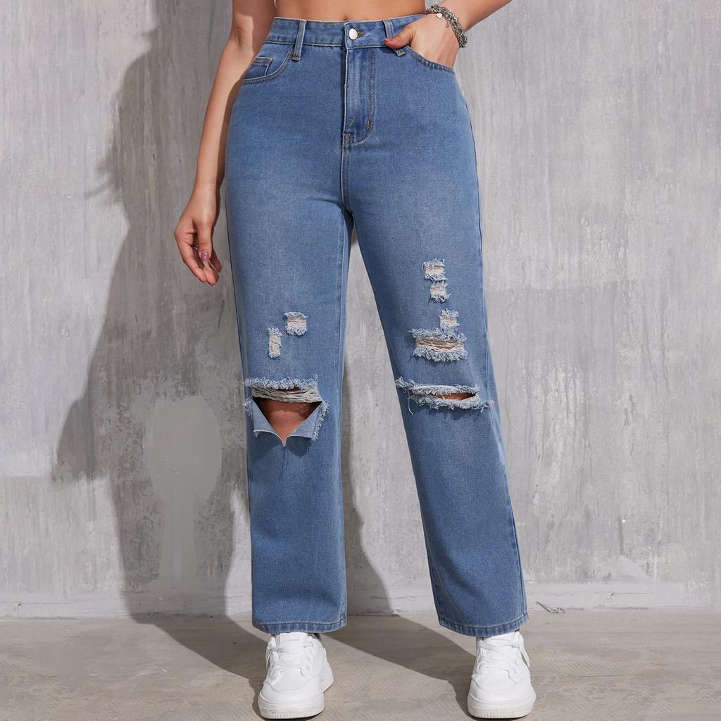 Women's High Waist Washed Women's Jeans Fashionable Versatile Straight Leg Pants