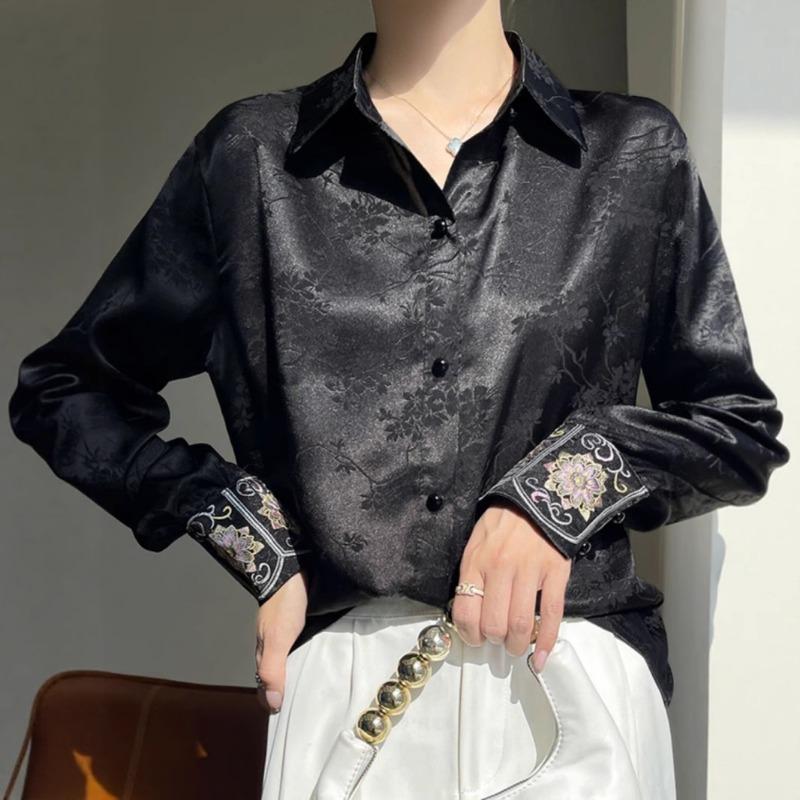 Women Embroidered Satin Shirt Turn Down Collar Long Sleeve Floral Jacquard Casual Blouse