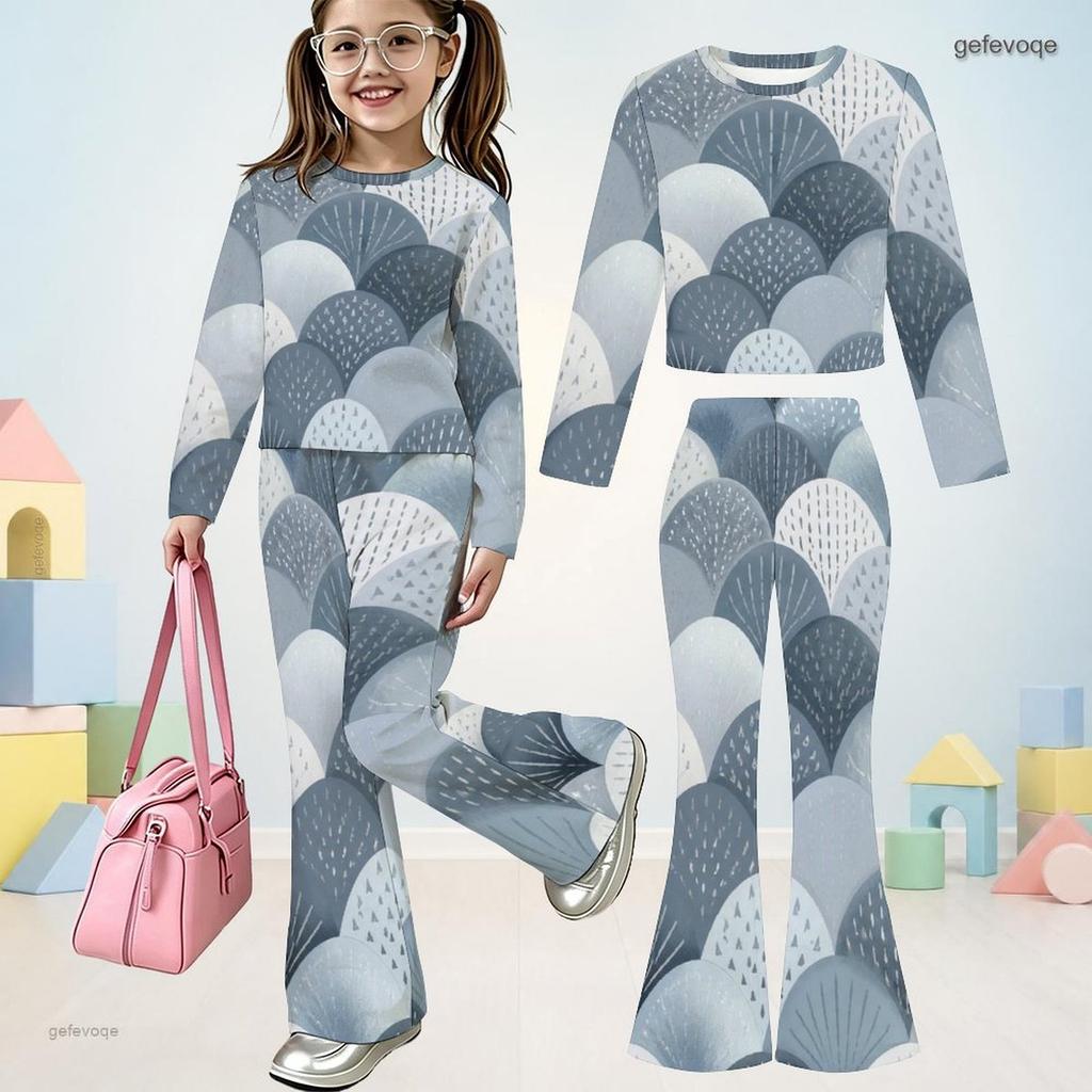Girls Round Neck Long Sleeve Printed Top Flared Pants Two Piece Set