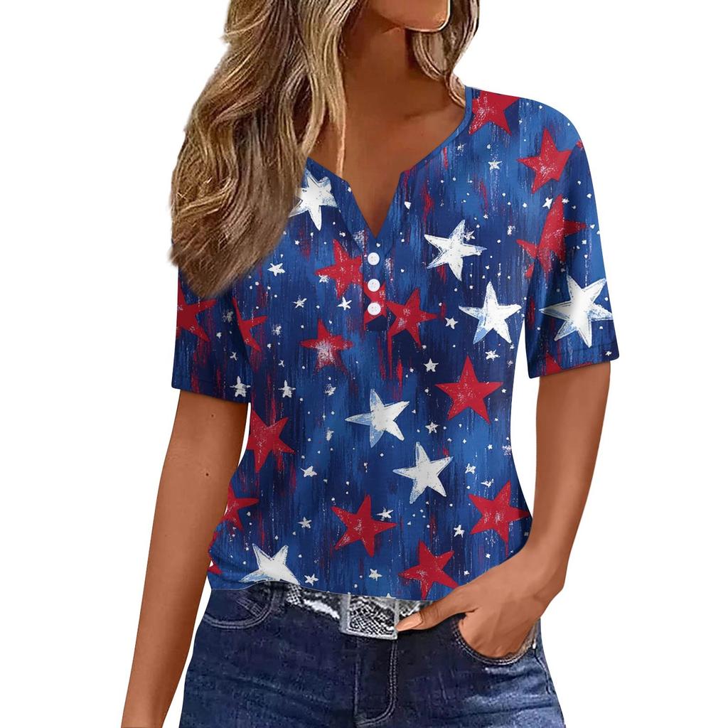 Women's Fashion Casual Independence Day Printed V-Neck Short Sleeve Button Top