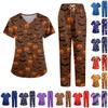 Damen Halloween Print Scrub Set, V-Ausschnitt Kurzarm mit Taschen und Hose, 2-teilige Uniform