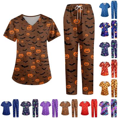Women's Halloween Print Scrub Set, V Neck Short Sleeve with Pockets and Pants, 2 Piece Uniform