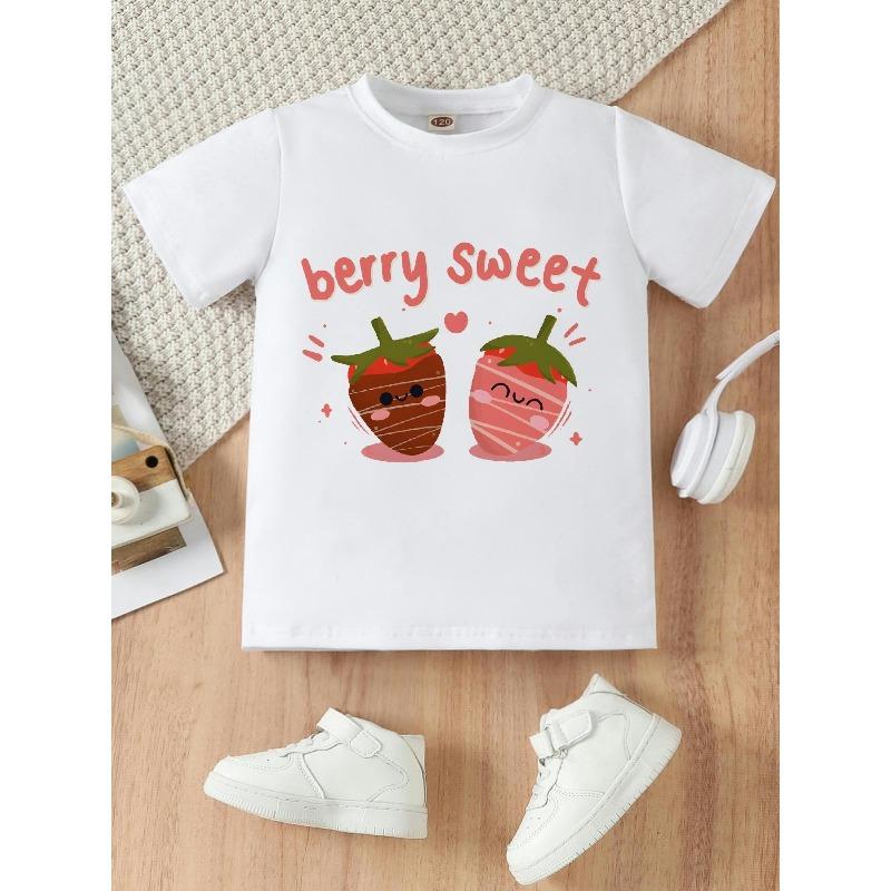 

European sizes Cute Strawberry Print, Girls Short-sleeved T-shirt, Casual and Stylish, Versatile and Comfortable 98cm белый