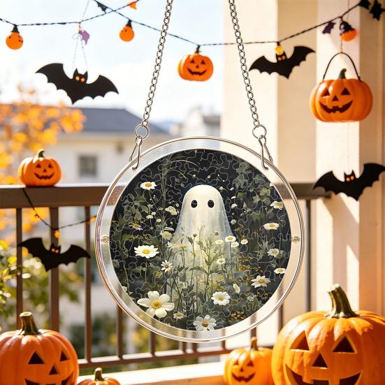 Durable Acrylic Halloween Suncatcher Jigsaw Puzzle Set, Spooky Ghost Floral Meadow Window Hanging Ornament with Metal Porch Decoration Frame & Chain,