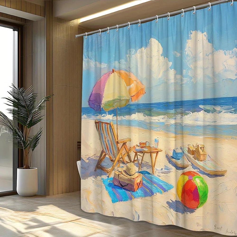 1pc Vibrant Beach Chair & Umbrella Shower Curtain - Summer Coastal Scene with Sandcastles, Striped Towels & Ocean Waves, Polyest