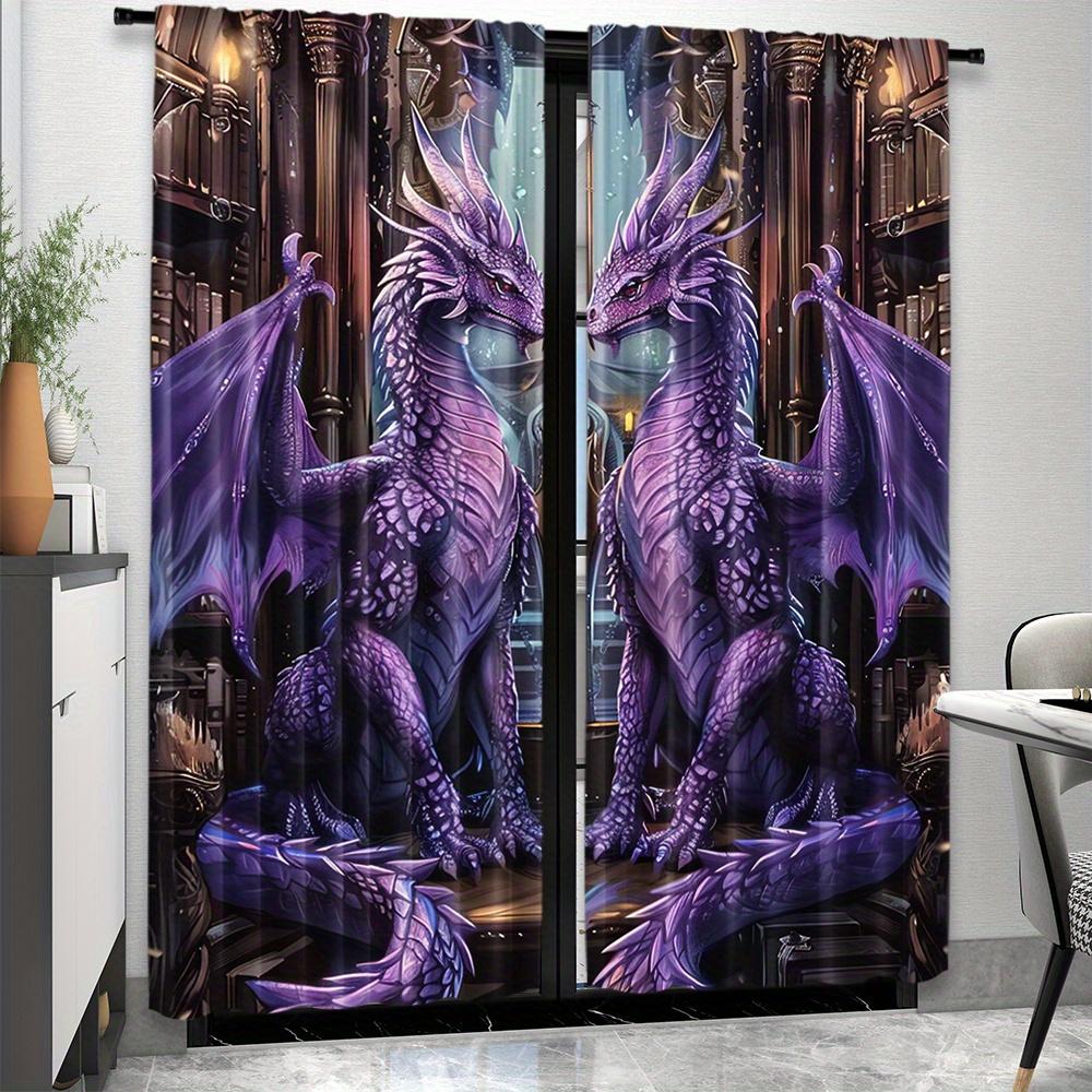 2pcs Rod Pocket Dragon Print Curtains - Semi-Sheer Polyester Pongee Fantasy Library Decor for Bedroom, Living Room - Machine Was