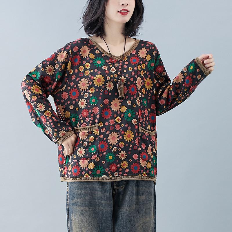 

Трикотажные футболки с V-образным вырезом, свободного кроя, с длинным рукавом, топы, женская осенняя мода, с цветочным принтом, вставки, пуловеры, женская повседневная верхняя одежда L