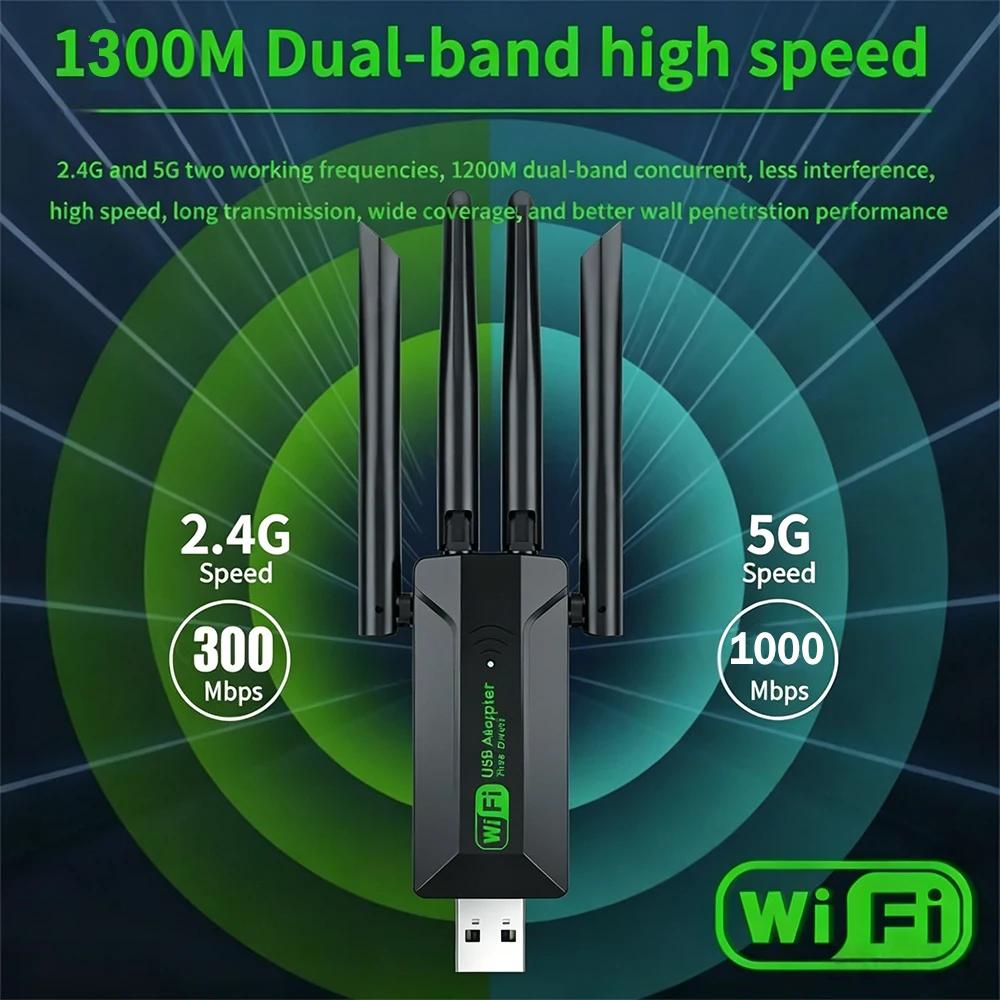 KEBIDU 1300Mbps USB3.0 Dvoupásmový WiFi USB Dongle 2.4G+5GHz 4 Antény Bez ovladačů Bezdrátová síťová karta Pro PC Laptop Win10/11