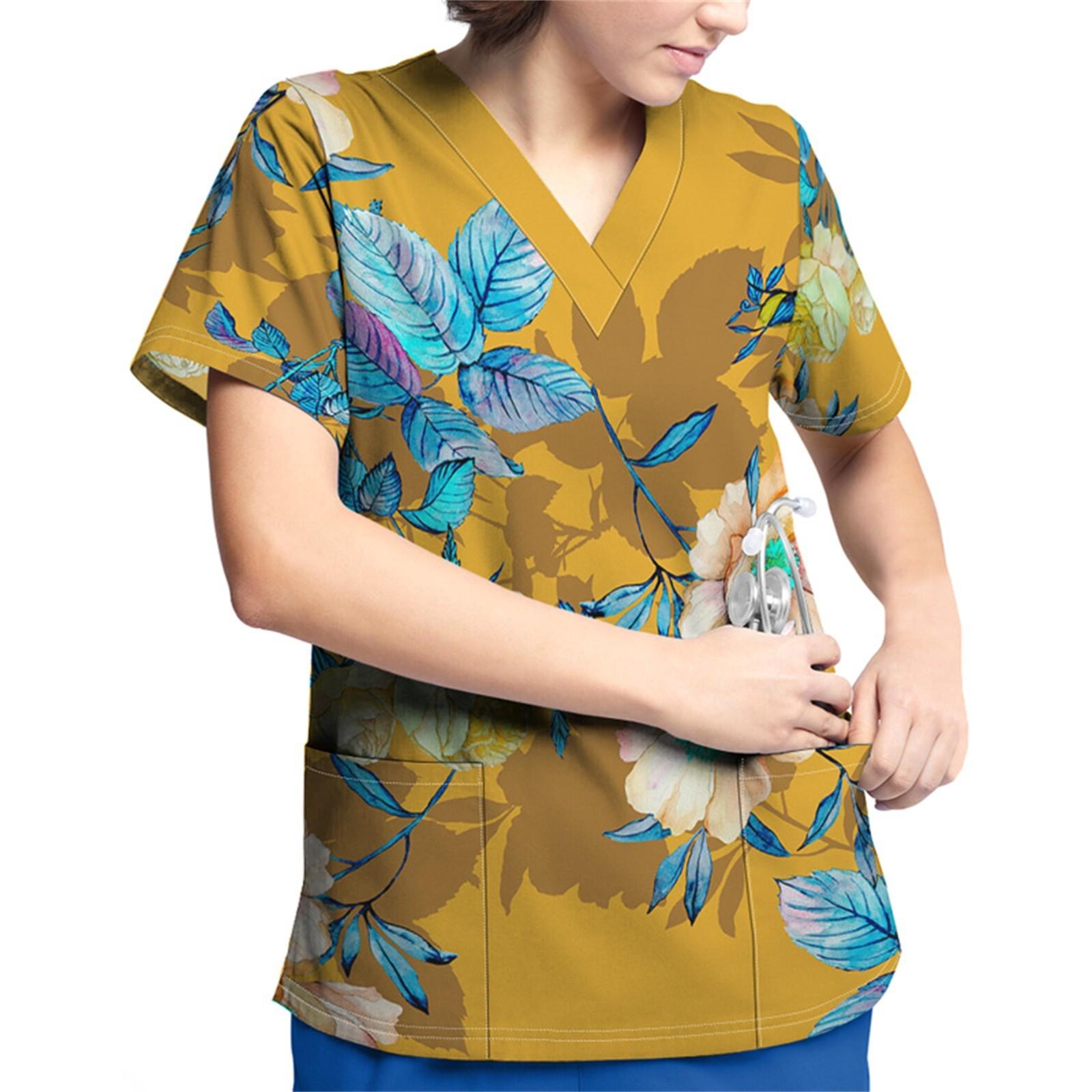 

Рабочая форма больших размеров с принтом, топы для женщин, футболки с v-образным вырезом и короткими рукавами, рабочая одежда, футболка с карманами XL жёлтый