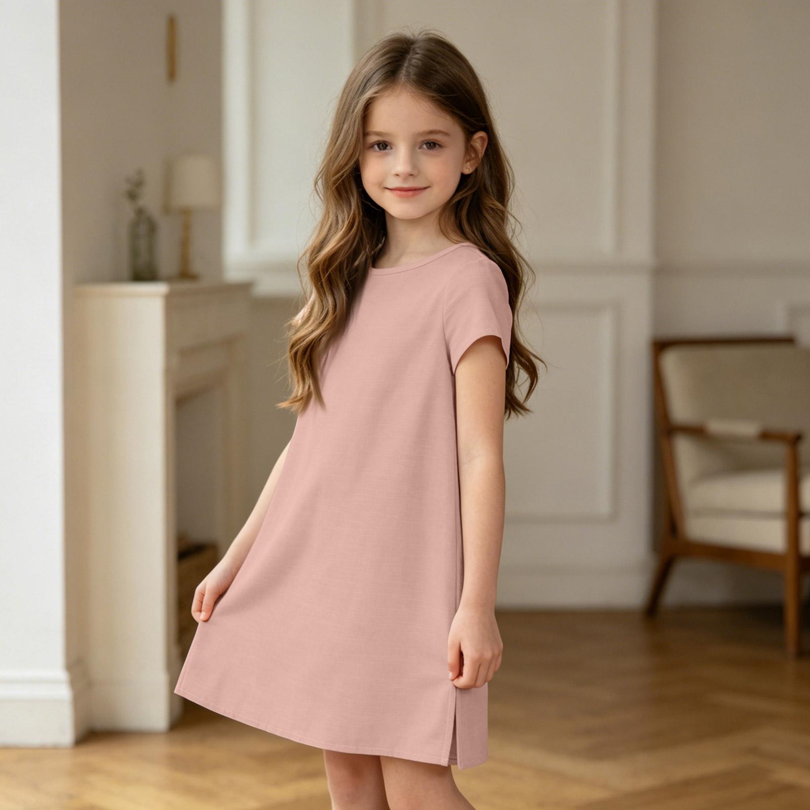 

Girls Casual Summer Dress Lightweight Breathable Cotton Linen Fabric Short Sleeve Loose Fit Knee Length Dress for Kids 160 рожевий