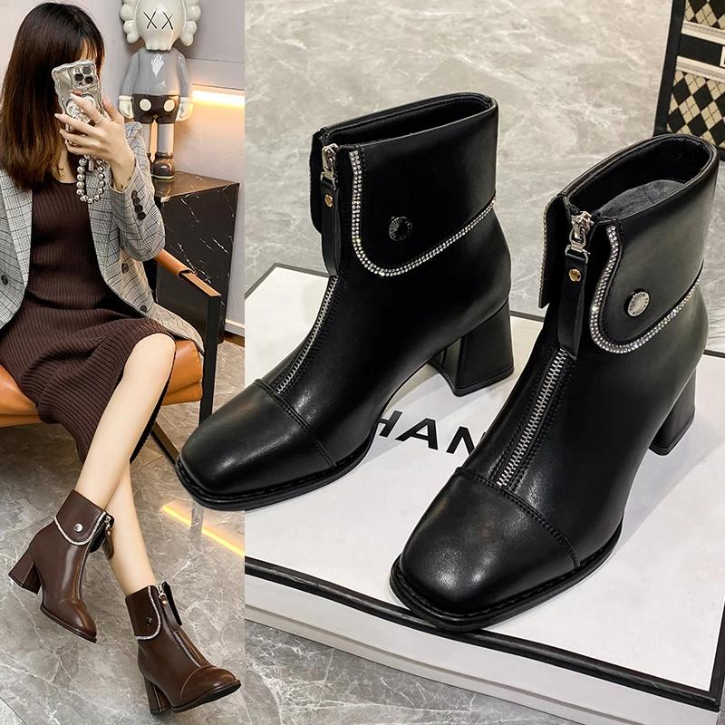 Fashion Boots  Spring/Autumn/Winter New Thick Heel Casual British Style Front Zipper High Heel Short Boots for Women