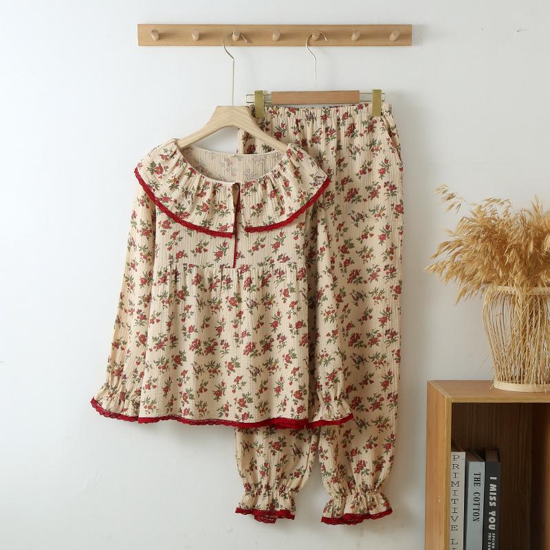 Double-layer Yarn Thin Pajamas Women's Pure Cotton Crepe Retro Sweet Doll Collar Loungewear Long-sleeved Trousers Set Spring and Autumn