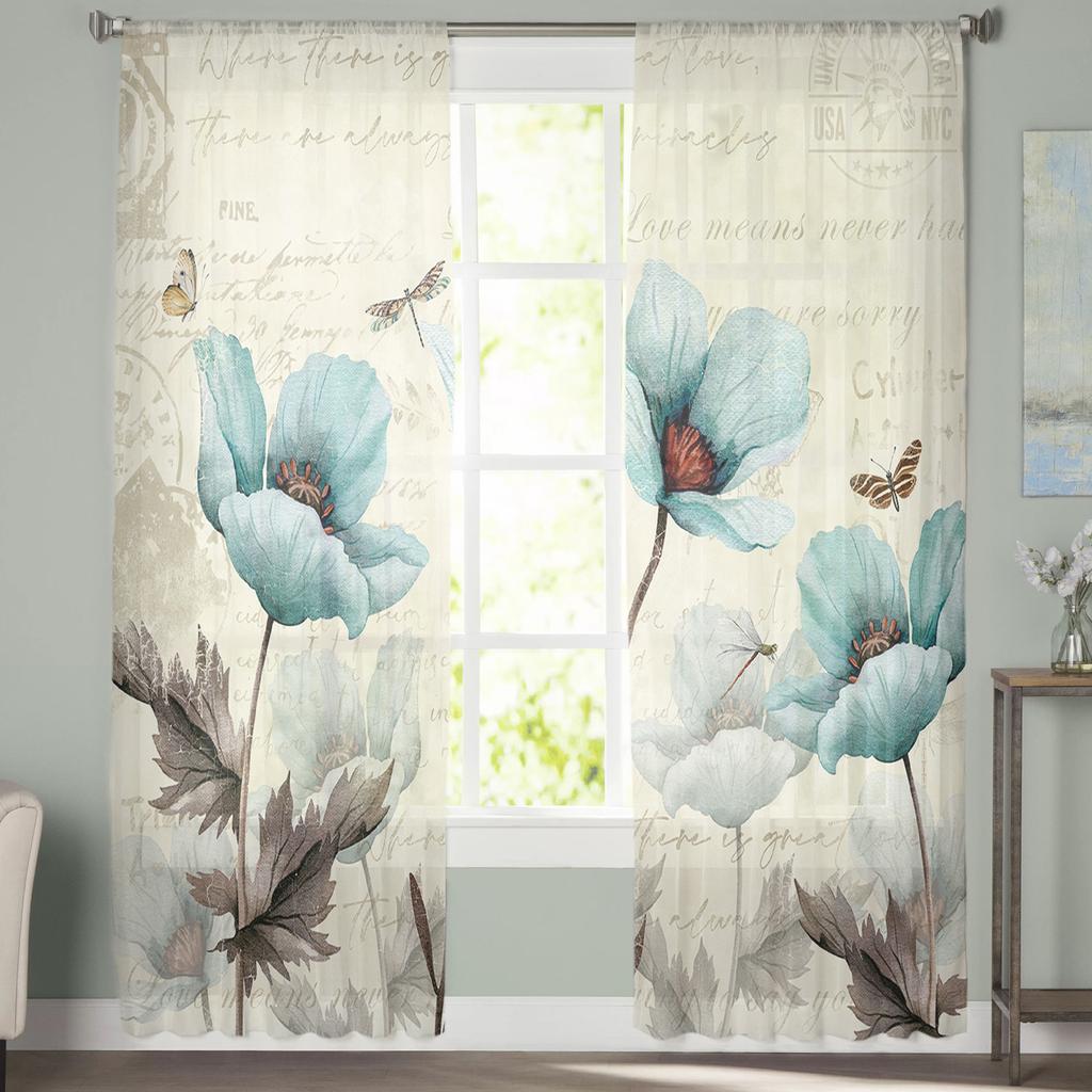 Vintage Flower American Pastoral Green Dragonfly Voile Sheer Curtain Living Room Window Tulle Curtain Kitchen Bedroom Home Decor