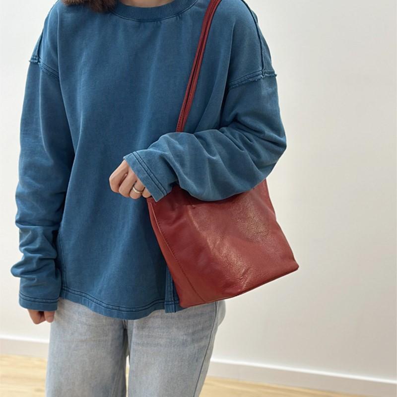 Johnature Retro Genuine Leather Tote Bag Versatile Commuting Solid Color Soft Leather Women's Shoulder Bag
